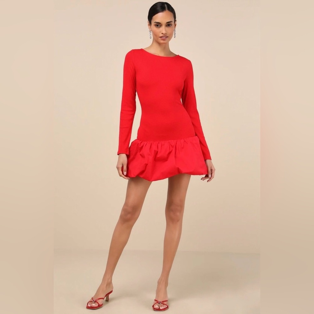 Lulu's Vibrant Red Long Sleeve Ribbed Dress - Size XL
